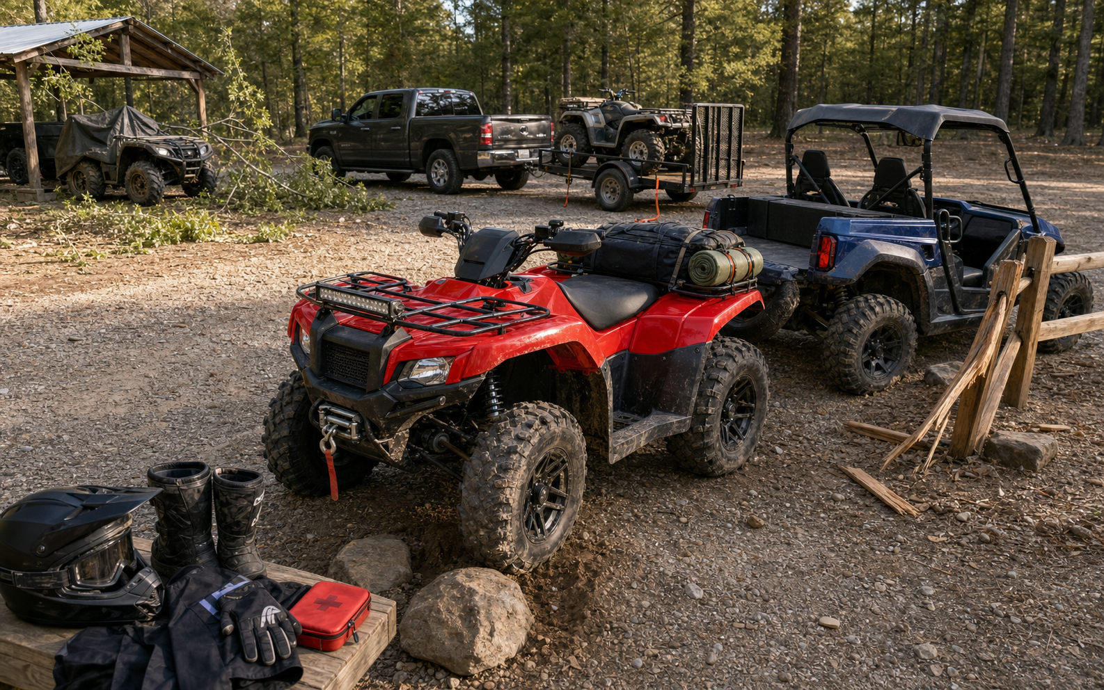 Realistic wooded trailhead scene with a bright red utility ATV, another off-road vehicle, storm debris, transport trailer, damaged fence, custom equipment, and protective riding gear