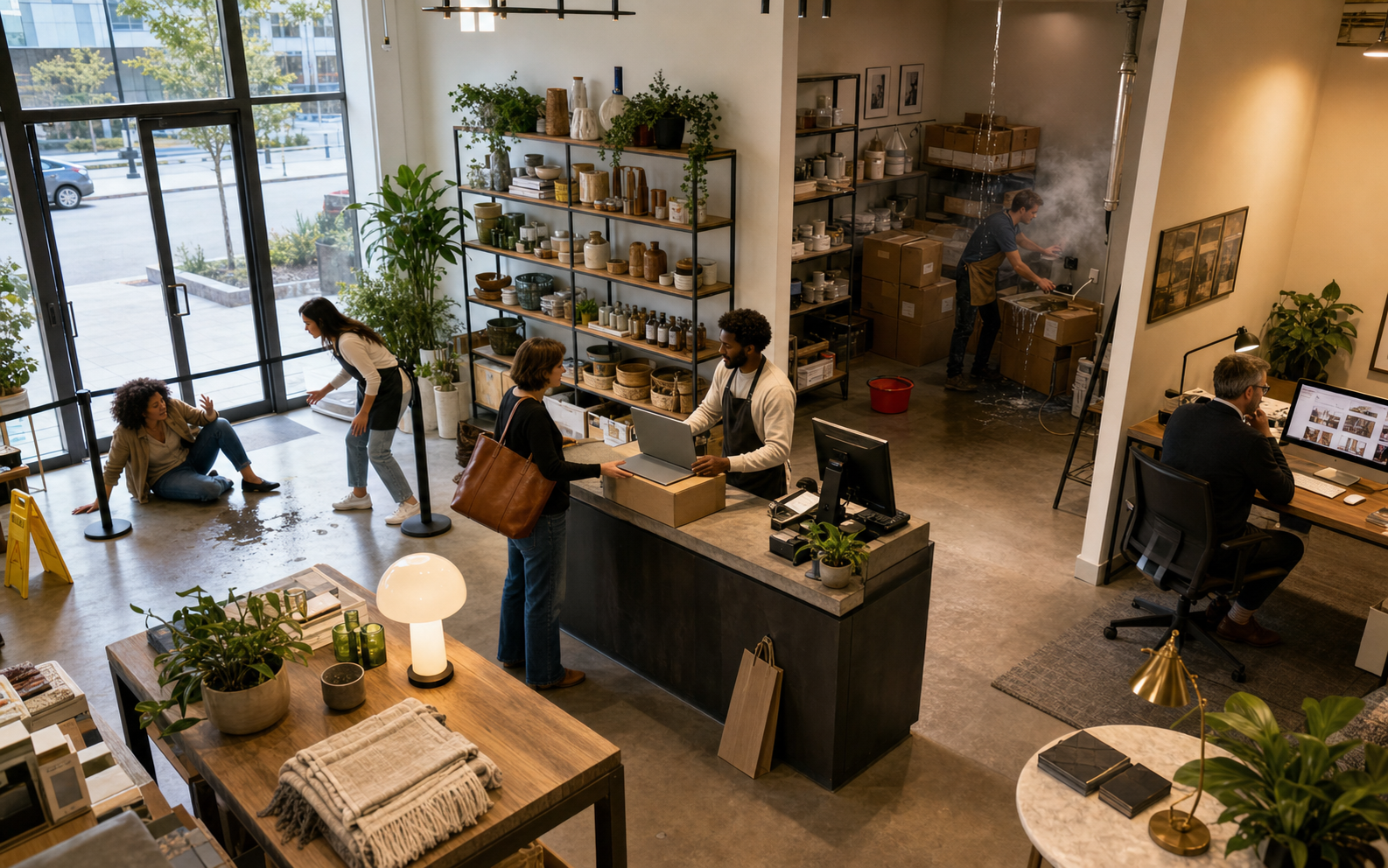 Realistic neighborhood retail and service business with a customer slip near the entrance, merchandise displays, a checkout counter, a product table, water and electrical damage in a stockroom, and a manager working on advertising