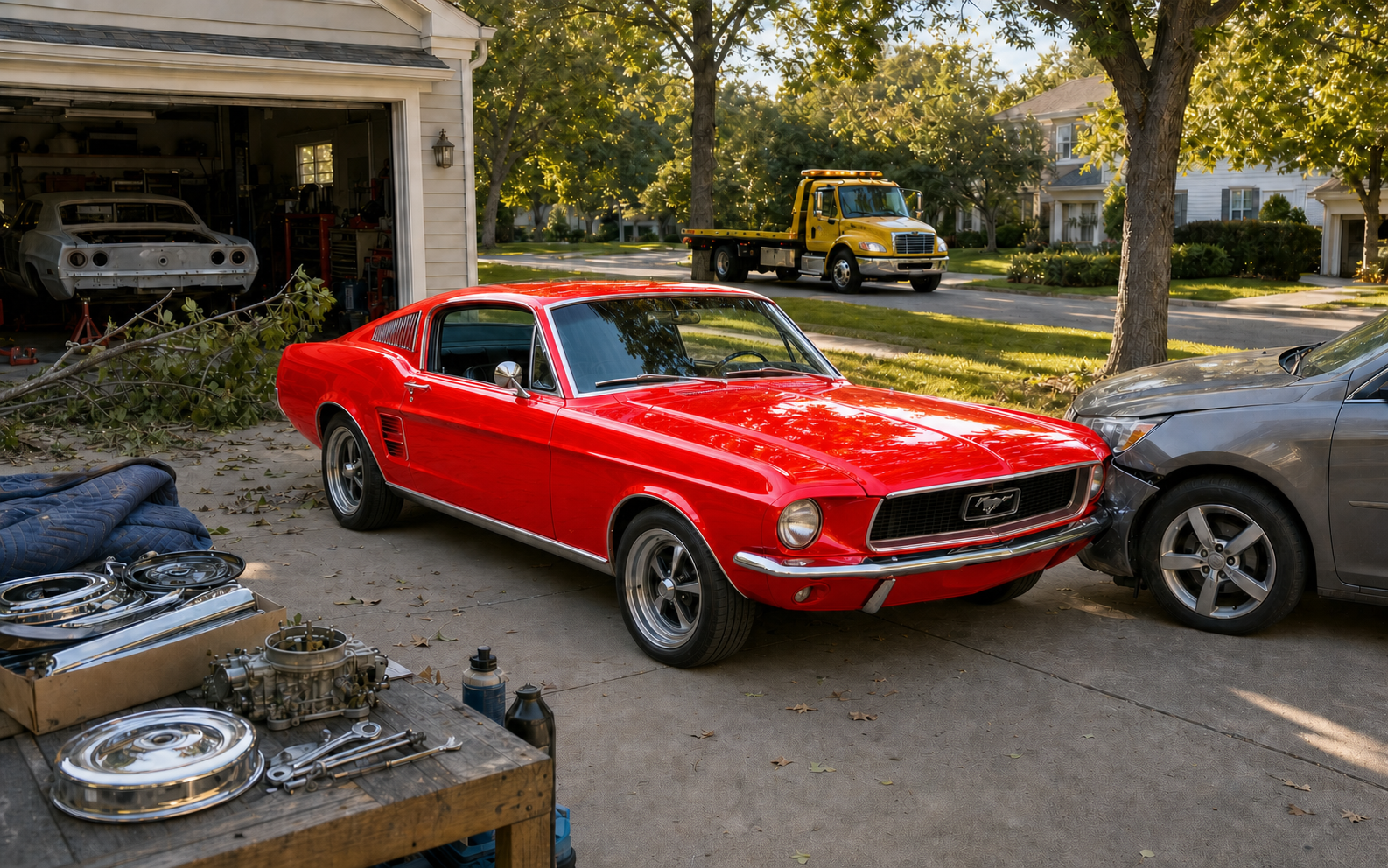 Realistic suburban driveway scene with a burgundy 1967 Ford Mustang fastback, a nearby vehicle, storm debris, spare parts, a restoration project, and a flatbed tow truck