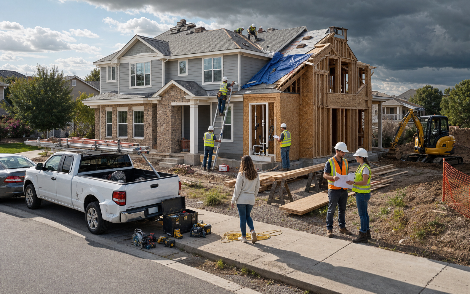 Realistic residential construction site with a contractor crew, ladder, company truck, portable tools, exposed framing, storm clouds, project plans, and a visitor approaching a cord on the walkway