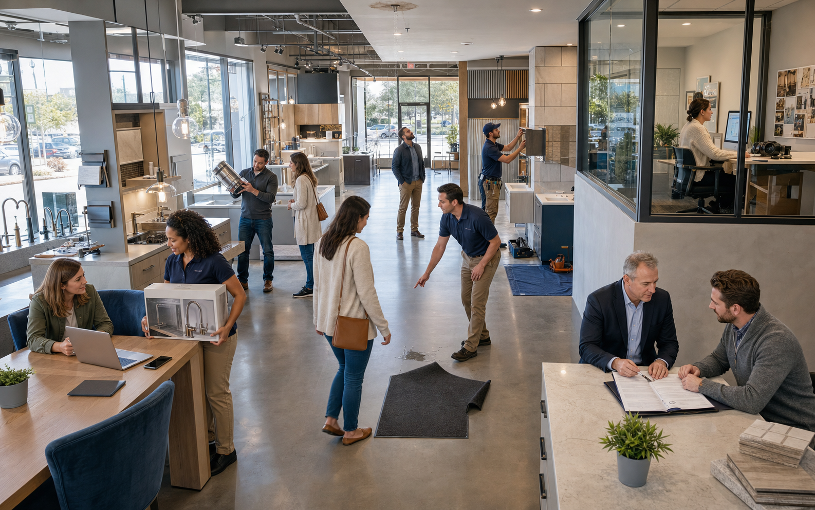 Realistic kitchen and home-furnishings showroom with customers, a wet floor and curled mat, boxed products, customer belongings, an installed cabinet, a marketing office, ceiling water damage, and a claim review meeting