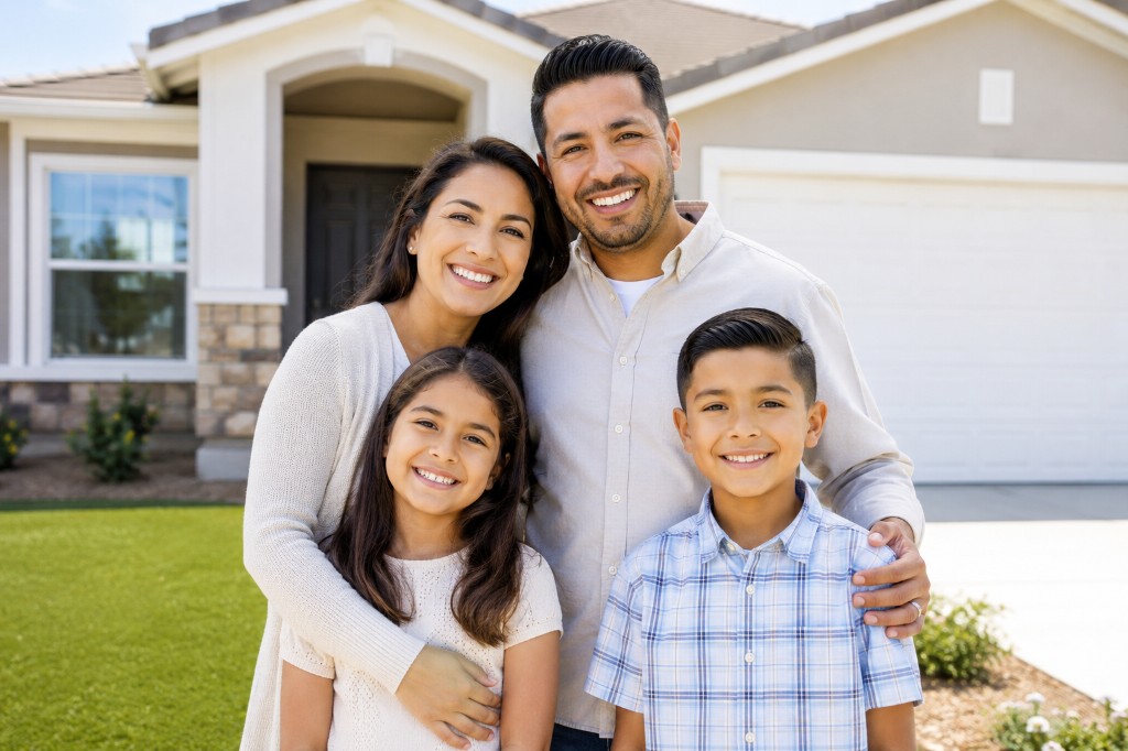 Family standing together in front of their home