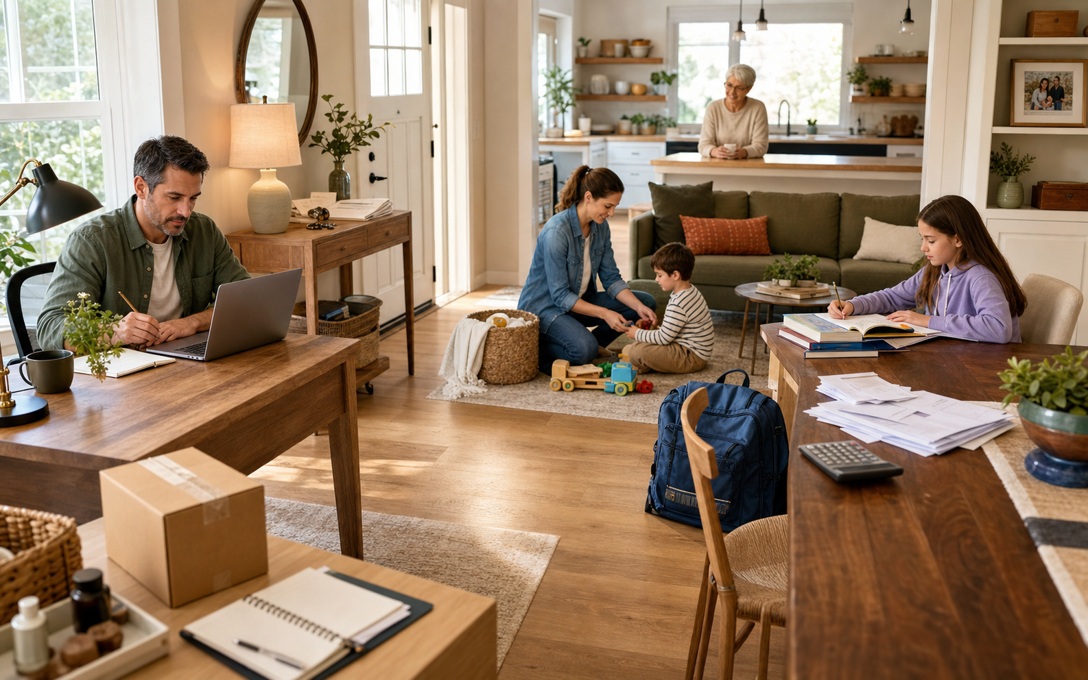 Realistic family at home with a work desk, house paperwork, parent and young child, school books, household bills, family keepsakes, and a small-business workspace