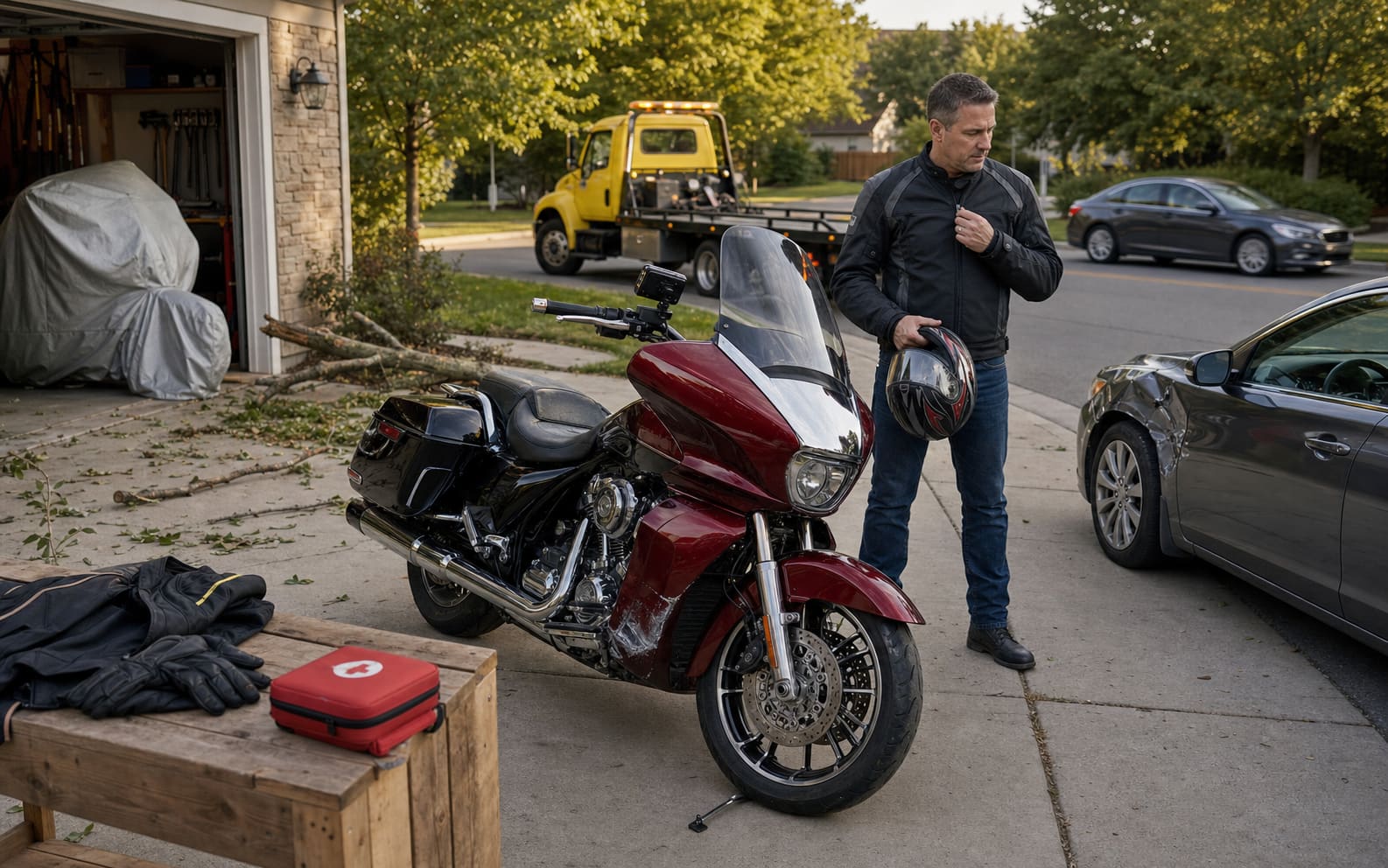 Realistic driveway and street scene with a touring motorcycle, storm debris, a damaged car, a passing driver, protective riding gear, custom equipment, and a motorcycle tow truck