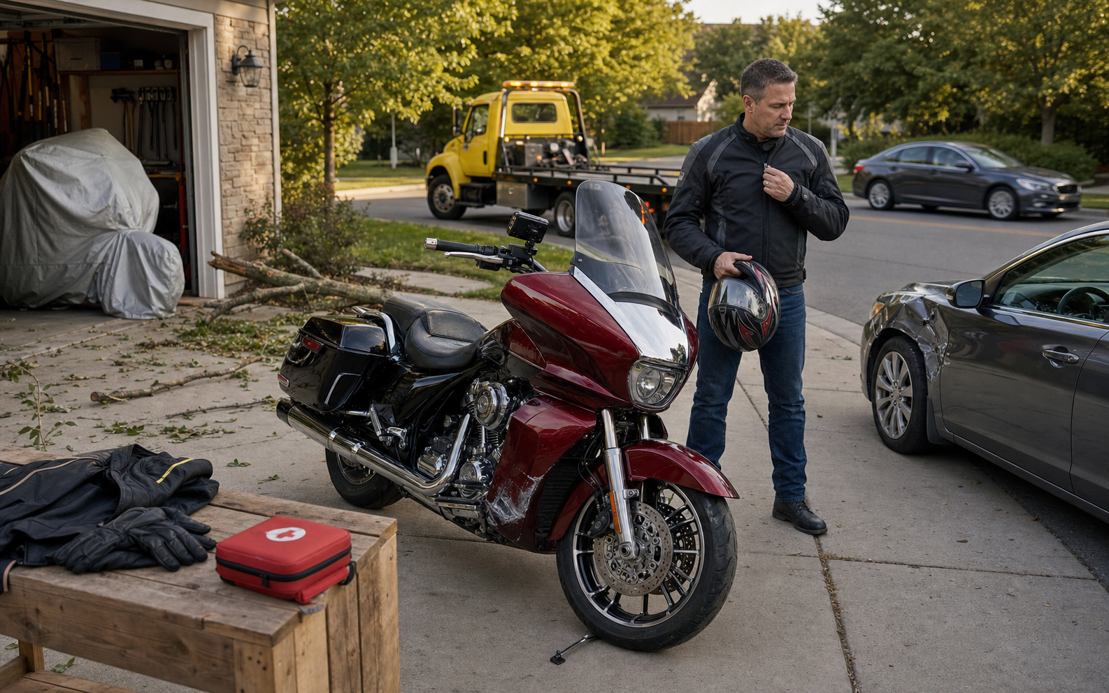 Realistic driveway and street scene with a touring motorcycle, storm debris, a damaged car, a passing driver, protective riding gear, custom equipment, and a motorcycle tow truck