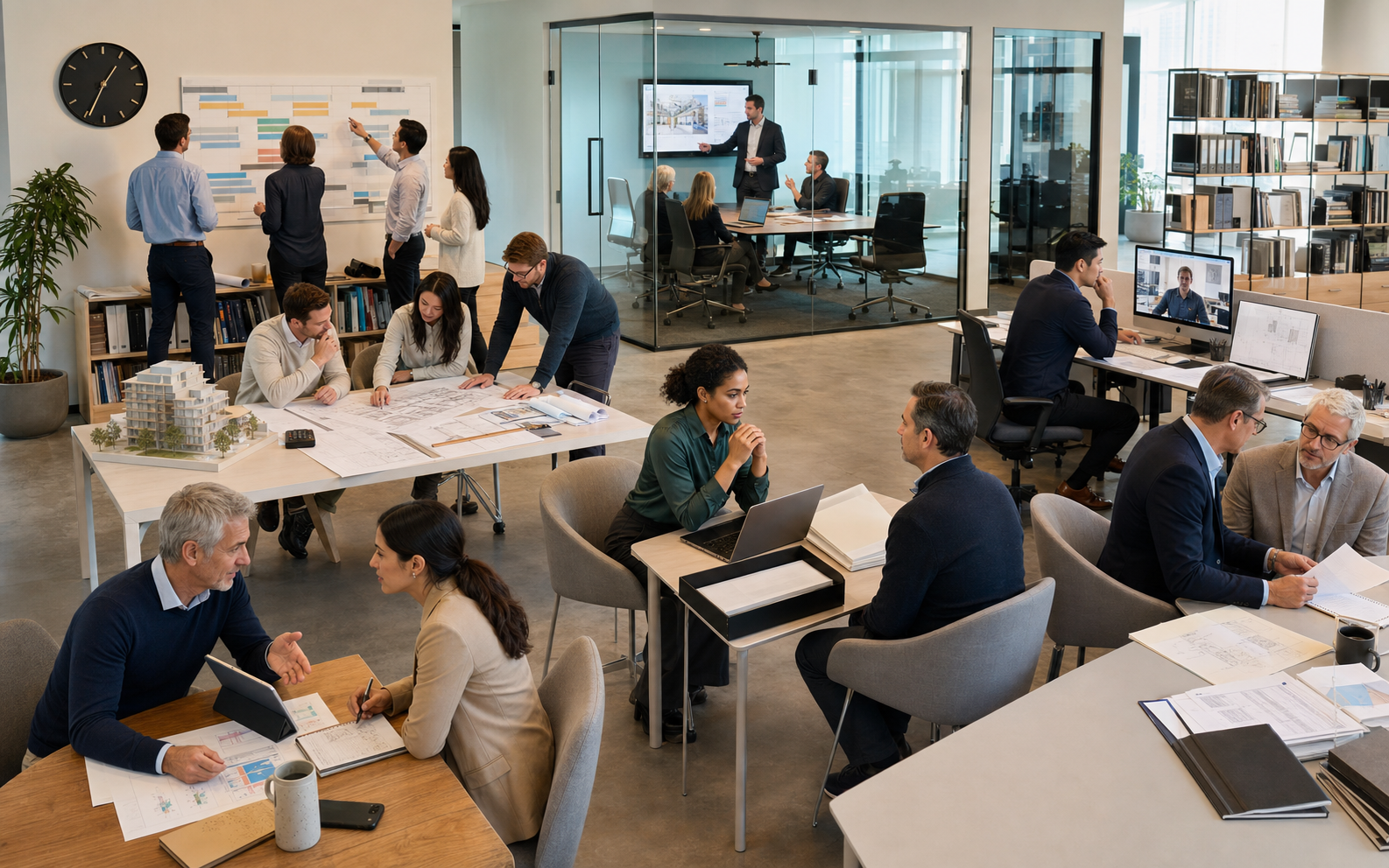 Realistic multidisciplinary professional-services office with client advice, design plans and a scale model, project scheduling, a proposal presentation, an incomplete handoff, an outside specialist on video, and a claim review meeting