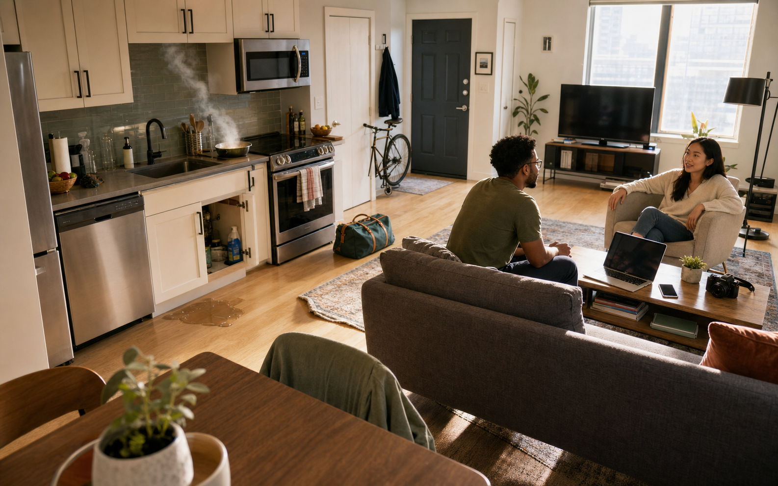 Realistic rented apartment with kitchen smoke, a dishwasher leak, bicycle near the entry, personal electronics, visiting guest, curled rug edge, and an overnight bag
