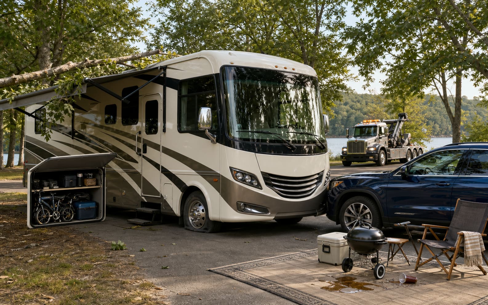 Realistic lakeside campground scene with a Class A motorhome, storm-damaged awning, open belongings bay, flat tire, tow truck, nearby SUV, and campsite setup
