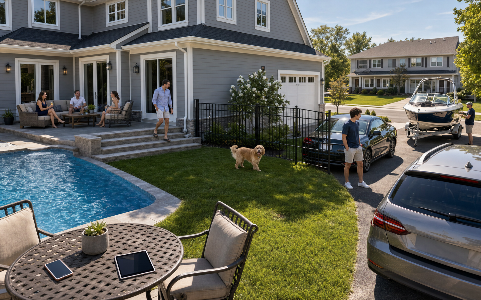 Realistic suburban property with a swimming pool, patio guests, dog, teenage driver and cars, boat on a trailer, digital devices, and a neighboring rental home