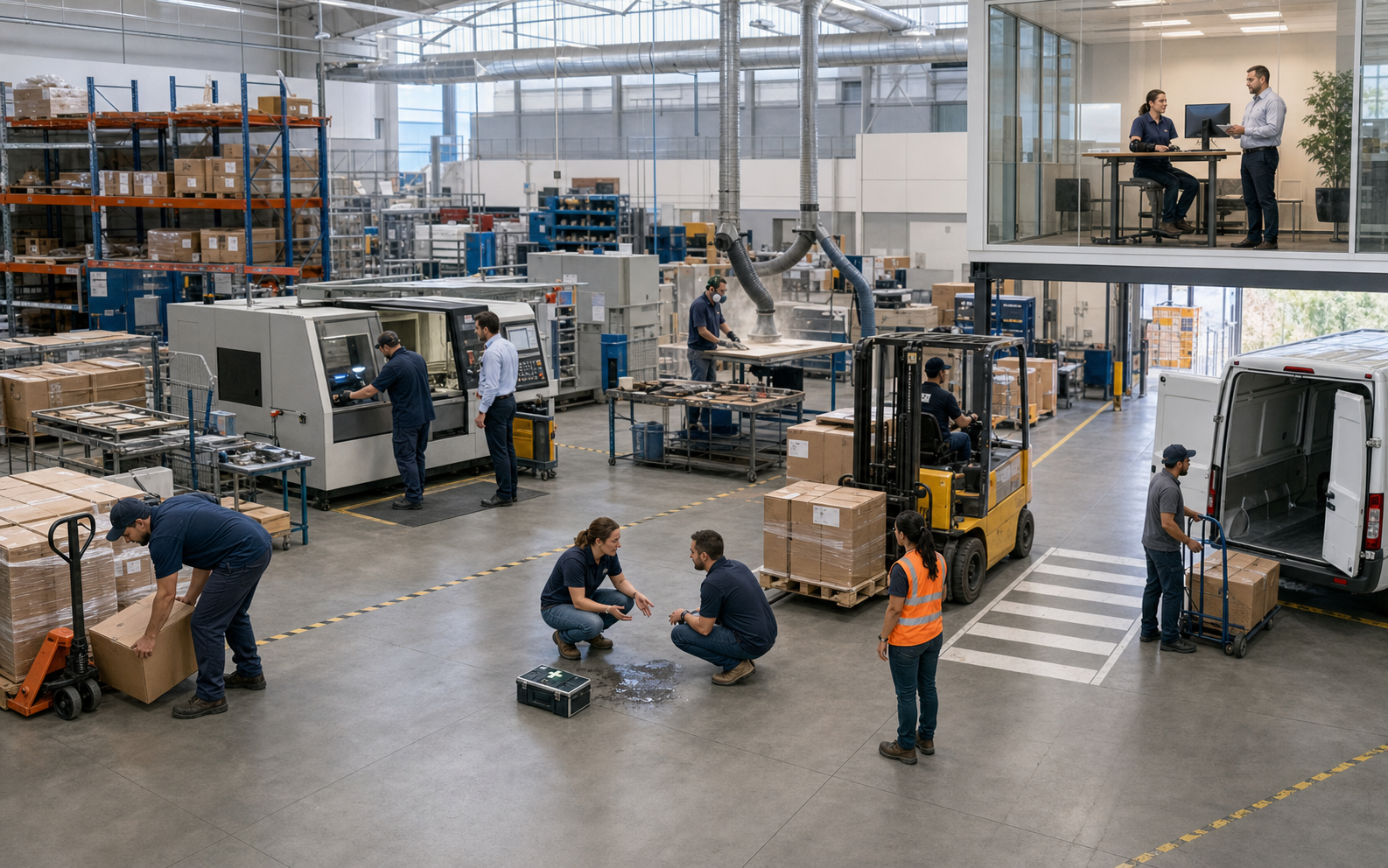 Realistic warehouse and light-manufacturing workplace with employees lifting boxes, operating guarded machinery, working near dust controls, responding to a spill, reviewing modified duties, loading a delivery van, and moving safely near a forklift crossing